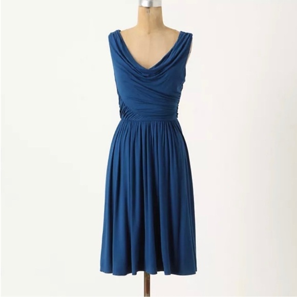 Anthropologie Deletta Pezza Dress Teal Blue Ruched Jersey Cowl Neck Size Small S - Picture 3 of 12